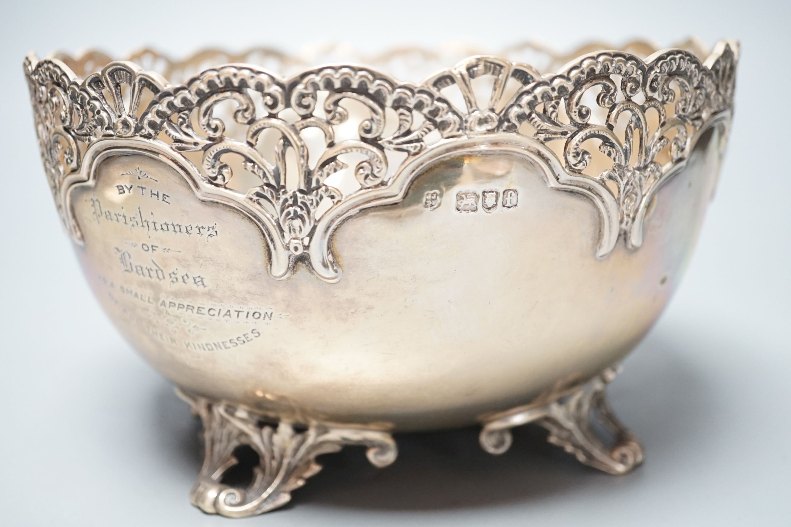 An Edwardian silver presentation bowl with engraved inscriptions and pierced border, Josiah Williams & Co, London, 1901, 20cm, 20.5oz.